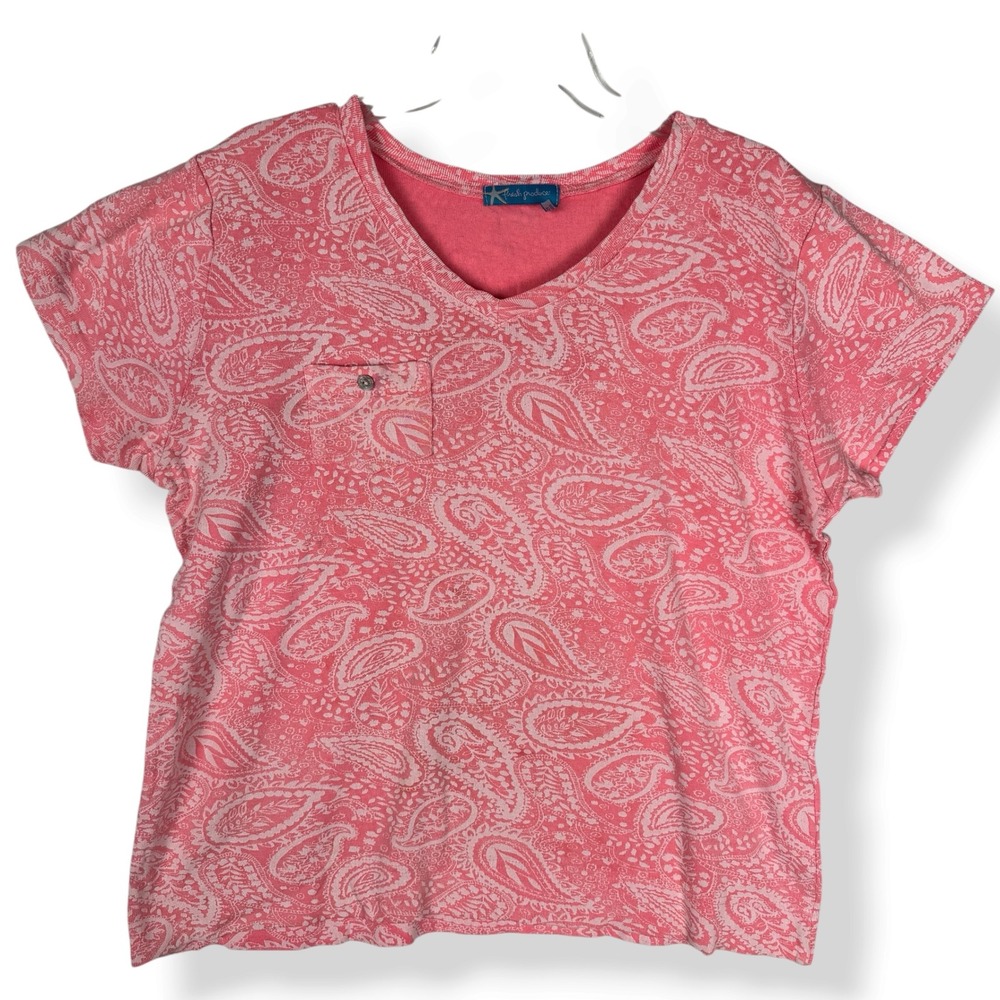 Fresh Produce T Shirt Womens Size 1X Cotton Pink Paisley Coastal Beachy USA Made